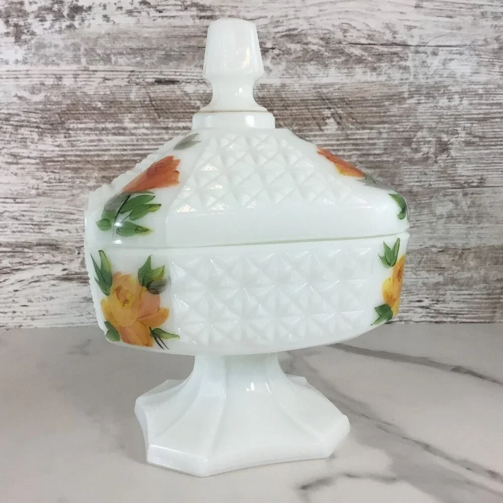 Vintage Milk Glass Lidded Compote Candy Dish With Hand Painted Roses
